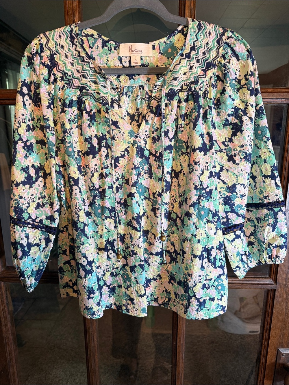 Nurture by Westbound Floral Embroidered Cotton Peasant Blouse Teal Navy Sm NWT